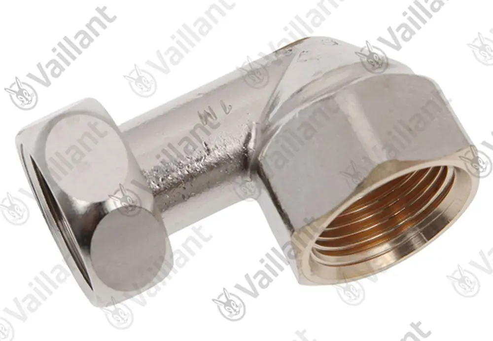 Vaillant Rohrbogen aus verchromtem Metall mit einem gewinkelten Design und zwei Anschlüssen, die für Rohrverbindungen in Heizsystemen geeignet sind.